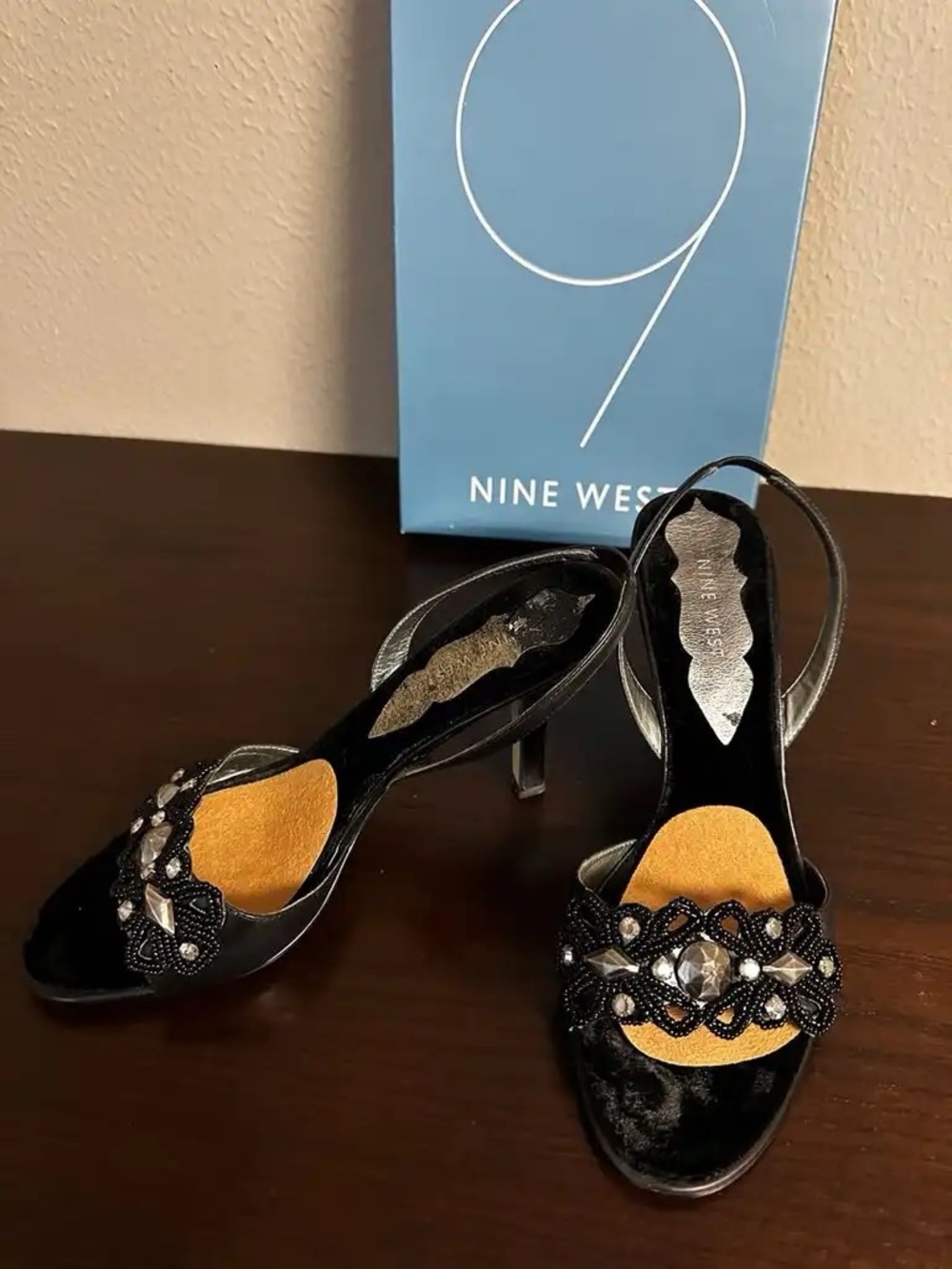 Nine West Black Beaded Open-Toe Slingback Heels